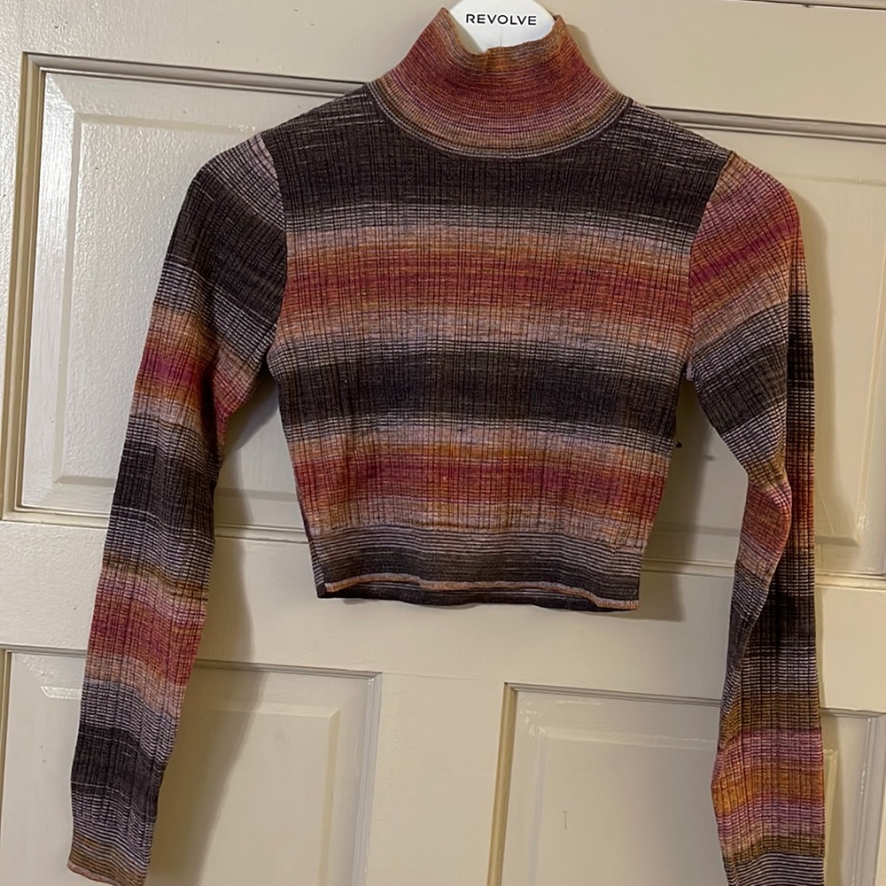 House of Harlow 1960 Multicolor Striped Ribbed Turtleneck Crop Sweater